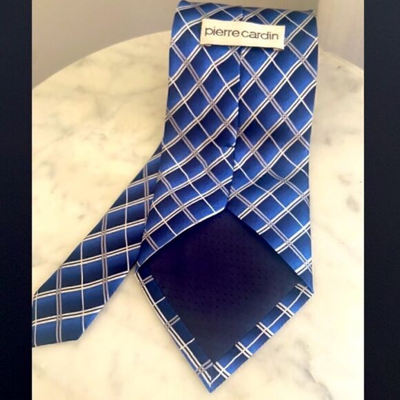 PIERRE CARDIN Multiple Blue Diaganol Striped Checkered 100% Silk Tie - Picture 8 of 11